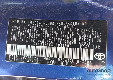 2020 Toyota Corolla Se from USA, damaged, VIN 5YFS4RCE6LP014908